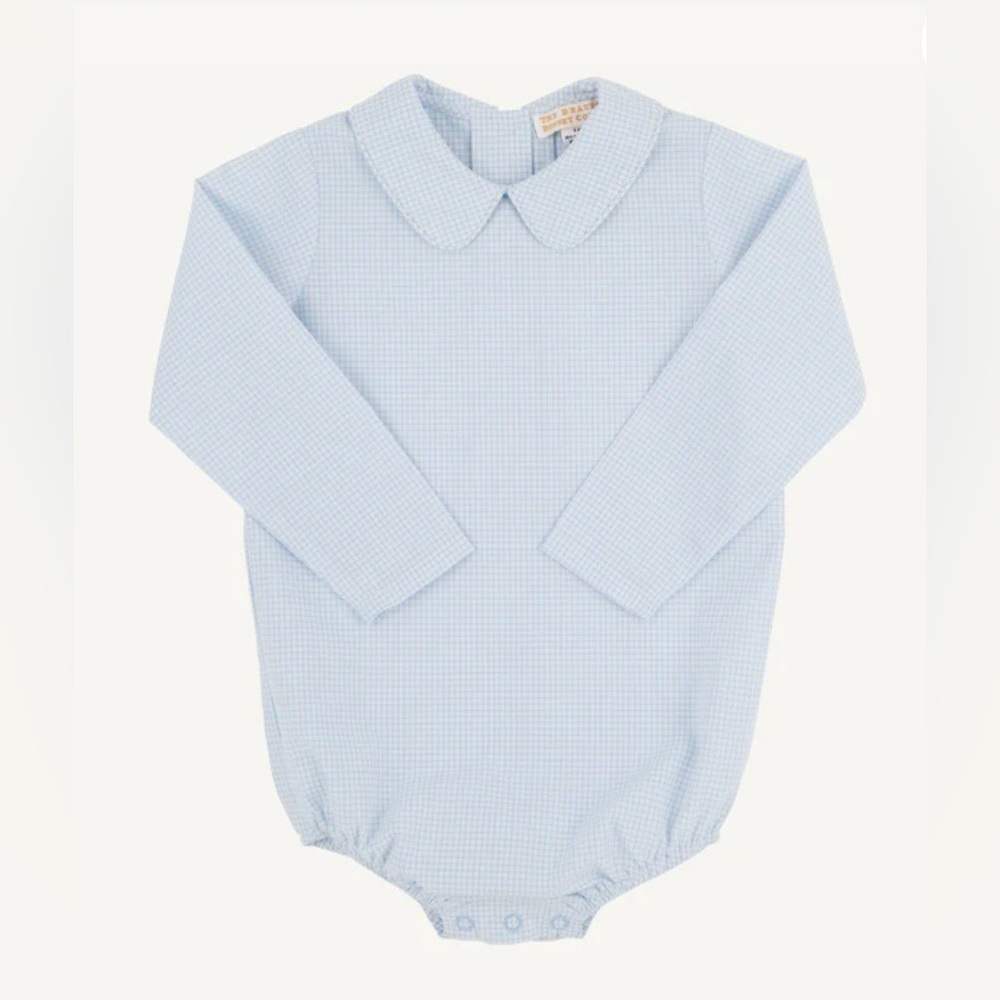 The Beaufort Bonnet Company Light Blue Windowpane Onesie Peter Pan Collar 18/24M